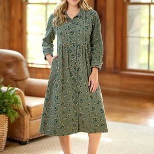 Vermont Country Store Corduroy Floral Prairie Dress L Pockets Cottagecore